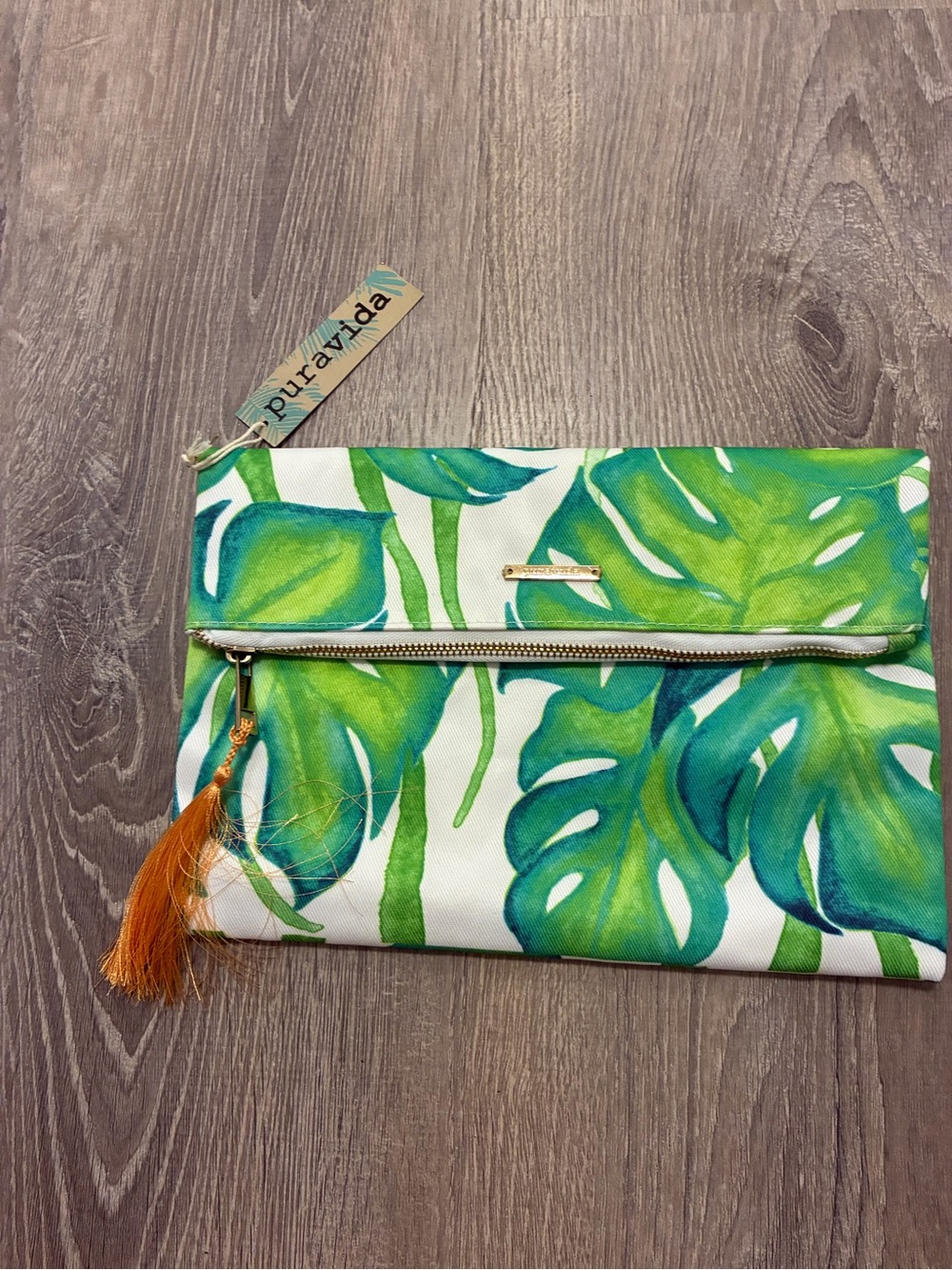 NEW Pura Vida Green Monstera Tropical Palm Leaf Foldover Clutch